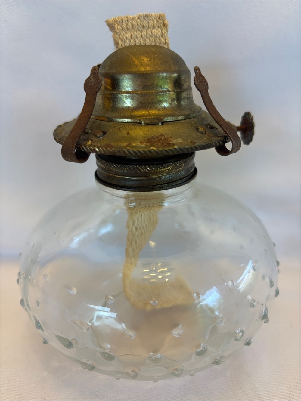 VINTAGE CLEAR BUBBLE GLASS OIL LAMP WITH BRASS BURNER  - CREAM WICK